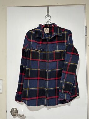 American Eagle Outfitters Navy Plaid Flannel Shirt with Red & Yellow Accents